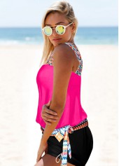 Hot Pink swimwear,Geometric swimwear,ROTITA Tribal Print Tie Side Rose Red Tankini Set
