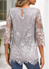 Grey tops,Plain Color tops,ROTITA Lace Grey Boat Neck 3/4 Sleeve Blouse
