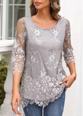ROTITA Lace Grey Boat Neck 3/4 Sleeve Blouse
