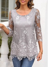 Grey tops,Plain Color tops,ROTITA Lace Grey Boat Neck 3/4 Sleeve Blouse