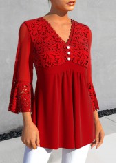 Red tops,Plain Color tops,ROTITA Lace Red V Neck Decorative Button Blouse