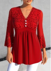 ROTITA Lace Red V Neck Decorative Button Blouse