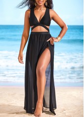 Black swimwear,Plain Color swimwear,ROTITA Cut Out Side Slit Black Cover Up
