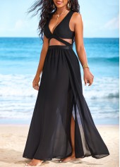 Black swimwear,Plain Color swimwear,ROTITA Cut Out Side Slit Black Cover Up
