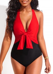 Red swimwear,Black swimwear,Contrast Color swimwear,ROTITA Tie Contrast Red One Piece Swimwear