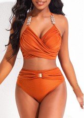 Brick Red swimwear,Plain Color swimwear,ROTITA Criss Cross Brick Red High Waisted Bikini Set