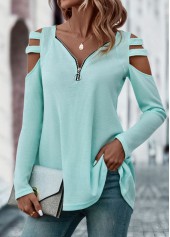 Zipper Mint Green V Neck T Shirt