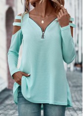 Mint Green tops,Plain Color tops,Zipper Mint Green V Neck T Shirt