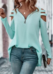 Mint Green tops,Plain Color tops,Zipper Mint Green V Neck T Shirt