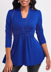 ROTITA Ruched Royal Blue V Neck T Shirt