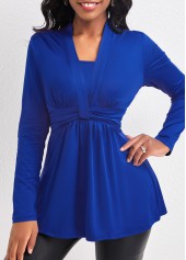 Royal Blue tops,Plain Color tops,ROTITA Ruched Royal Blue V Neck T Shirt