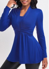 Royal Blue tops,Plain Color tops,ROTITA Ruched Royal Blue V Neck T Shirt