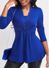 Royal Blue tops,Plain Color tops,ROTITA Ruched Royal Blue V Neck T Shirt