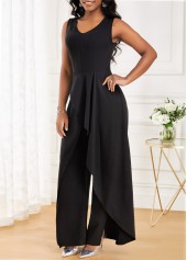 Black jumpsuits & rompers,Plain Color jumpsuits & rompers,ROTITA Split Black Long V Neck Sleeveless Jumpsuit
