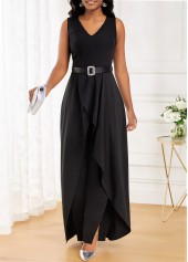 Black jumpsuits & rompers,Plain Color jumpsuits & rompers,ROTITA Split Black Long V Neck Sleeveless Jumpsuit