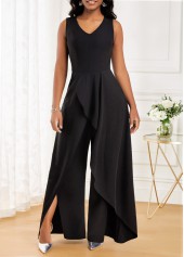 Black jumpsuits & rompers,Plain Color jumpsuits & rompers,ROTITA Split Black Long V Neck Sleeveless Jumpsuit