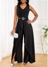 ROTITA Split Black Long V Neck Sleeveless Jumpsuit