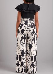 Black jumpsuits & rompers,Plants jumpsuits & rompers,ROTITA Ruffle Leaf Print Black V Neck Jumpsuit