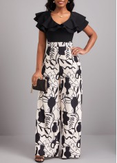 ROTITA Ruffle Leaf Print Black V Neck Jumpsuit