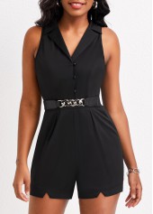 Black jumpsuits & rompers,Plain Color jumpsuits & rompers,ROTITA Pocket Black Lapel Button Up Sleeveless Romper