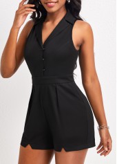 Black jumpsuits & rompers,Plain Color jumpsuits & rompers,ROTITA Pocket Black Lapel Button Up Sleeveless Romper