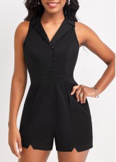 ROTITA Pocket Black Lapel Button Up Sleeveless Romper