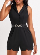 Black jumpsuits & rompers,Plain Color jumpsuits & rompers,ROTITA Pocket Black Lapel Button Up Sleeveless Romper