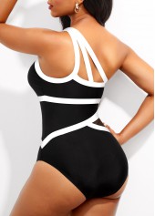 Black swimwear,Plain Color swimwear,ROTITA Contrast Binding Asymmetric Black One Piece Swimwear