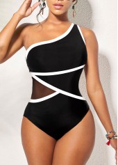 Black swimwear,Plain Color swimwear,ROTITA Contrast Binding Asymmetric Black One Piece Swimwear