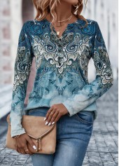 Dusty Blue tops,Tribal tops,ROTITA Button Tribal Print Dusty Blue T Shirt