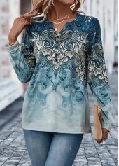 Dusty Blue tops,Tribal tops,ROTITA Button Tribal Print Dusty Blue T Shirt