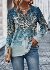ROTITA Button Tribal Print Dusty Blue T Shirt
