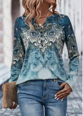 Dusty Blue tops,Tribal tops,ROTITA Button Tribal Print Dusty Blue T Shirt