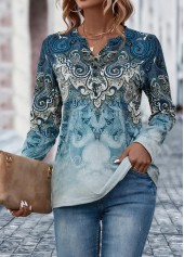 Dusty Blue tops,Tribal tops,ROTITA Button Tribal Print Dusty Blue T Shirt