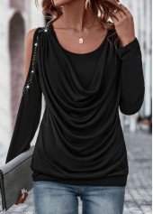 Black tops,Plain Color tops,Hot Drilling Black Round Neck T Shirt