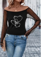 Black tops,Heart tops,Patchwork Heart Design Black Off Shoulder T Shirt