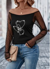 Black tops,Heart tops,Patchwork Heart Design Black Off Shoulder T Shirt