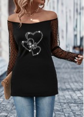 Black tops,Heart tops,Patchwork Heart Design Black Off Shoulder T Shirt