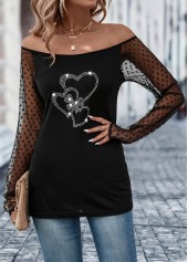Black tops,Heart tops,Patchwork Heart Design Black Off Shoulder T Shirt