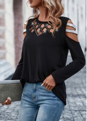 Black tops,Plain Color tops,Hot Drilling Black Round Neck T Shirt