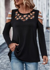 Black tops,Plain Color tops,Hot Drilling Black Round Neck T Shirt