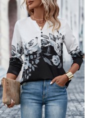 Black tops,White tops,Floral tops,Button Floral Print Black Split Neck T Shirt