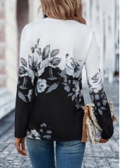 Black tops,White tops,Floral tops,Button Floral Print Black Split Neck T Shirt