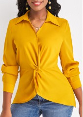 Ginger tops,Plain Color tops,Twist Ginger Shirt Collar Long Sleeve Blouse