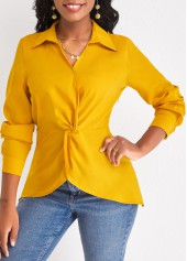 Ginger tops,Plain Color tops,Twist Ginger Shirt Collar Long Sleeve Blouse