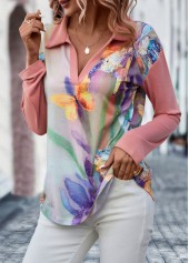 Pink tops,Animal Print tops,Butterfly Print Pink Polo Collar Blouse