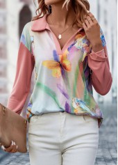 Pink tops,Animal Print tops,Butterfly Print Pink Polo Collar Blouse