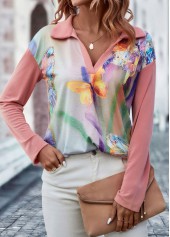 Pink tops,Animal Print tops,Butterfly Print Pink Polo Collar Blouse