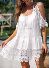 White swimwear,Plain Color swimwear,Lace Cold Shoulder White Cover Up