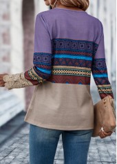 Multi Color tops,Tribal tops,Geometric tops,Button Tribal Print Multi Color T Shirt